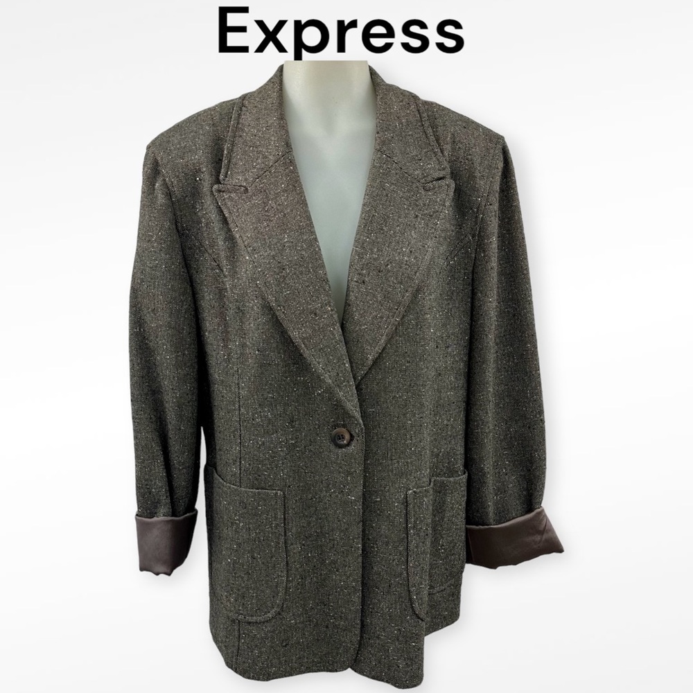 EXPRESS Stretch Blazer Tweed Brown Acrylic Wool Blend Juniors Sz 3/14 NWT